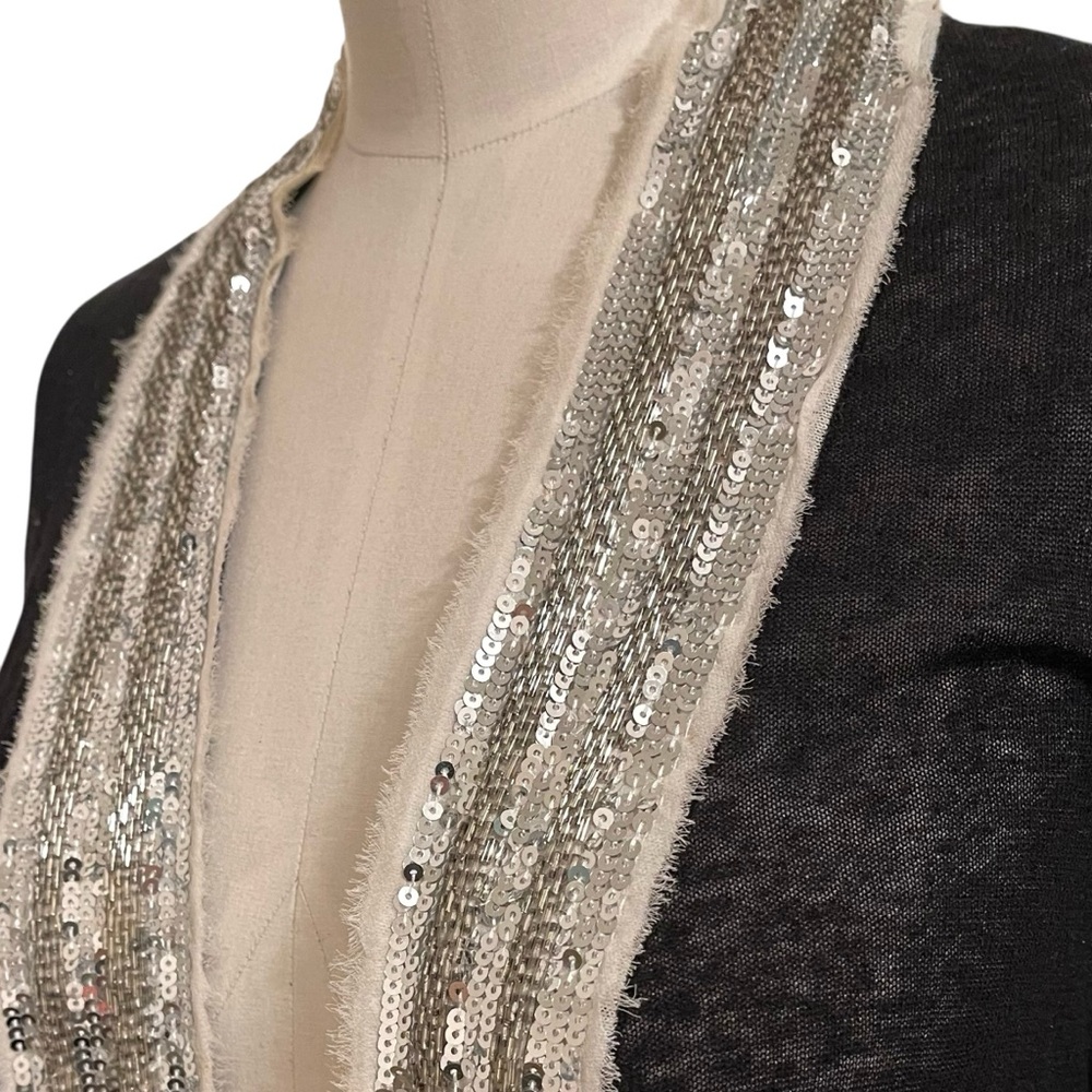 ❤️ Tory Burch ‘Quincy’ Sequin Trim Black Linen Blend Open Sweater - Picture 3 of 10